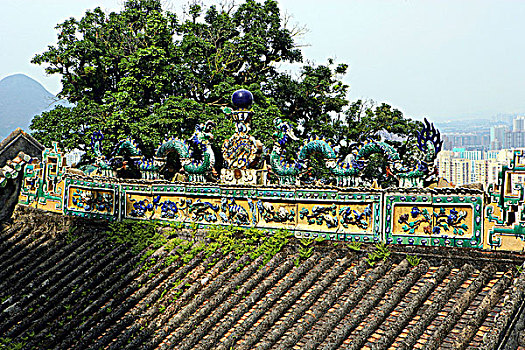 龙,雕塑,屋顶,寺院,城堡,顶峰,香港