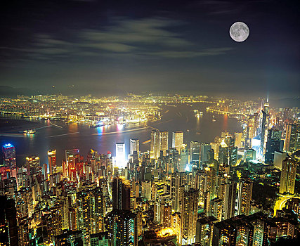 全景,太平山,上方,中心,夜景,满月,香港岛,市中心,香港,中国,亚洲