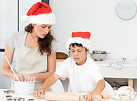 母亲,儿子,准备,圣诞饼干,一起,厨房
