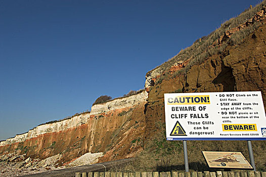悬崖,警告标识,汉斯坦顿悬崖,诺福克,英格兰,欧洲