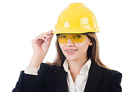 漂亮,职业女性,安全帽,防护,眼镜,隔绝,白色背景