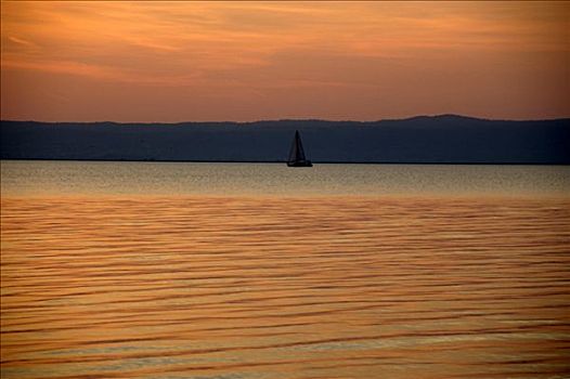 落日,彩色,湖,帆船,新希德尔湖,布尔根兰,奥地利