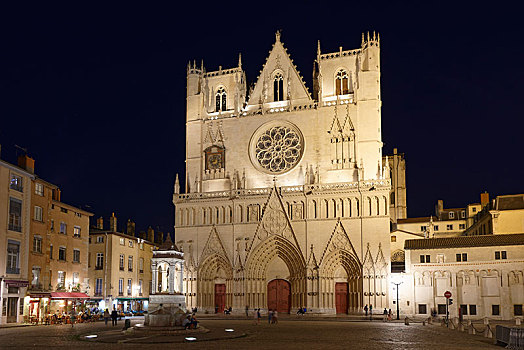 大教堂,夜景,里昂,法国,欧洲