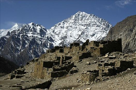套装,石头,房子,正面,雪山,顶峰,安娜普纳地区,尼泊尔