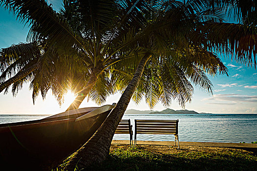 船,长椅,棕榈树,海滩,日落,岛屿,拉迪格岛,塞舌尔