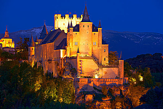 城堡,黄昏,塞戈维亚,区域,卡斯提尔,西班牙,欧洲