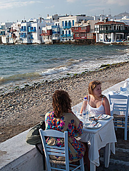 两个,美女,餐馆,希腊人,岛屿,米克诺斯岛,希腊