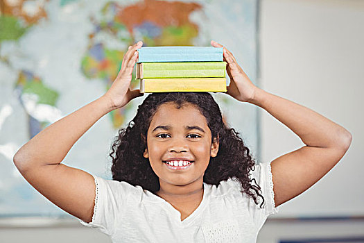 微笑,学生,平衡性,书本,顶着,教室,头像,学校