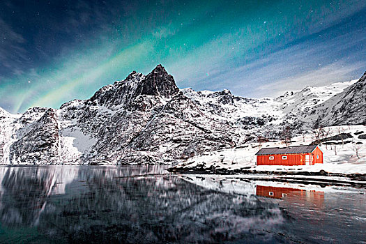 罗弗敦群岛,北极光,上方,冰冻,湖,红色,挪威