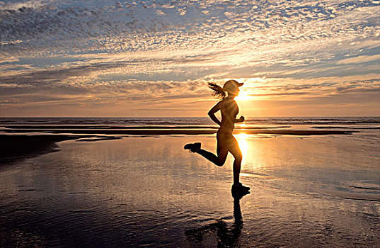女人,跑,海灘,日出
