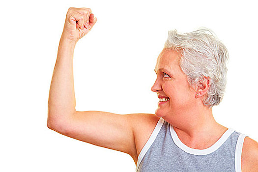 高兴,老年,女人,展示,上臂,肌肉