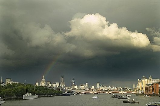 英格兰,伦敦,泰晤士河,风景,彩虹,上方,城市