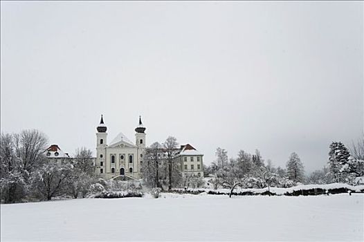 寺院,冬天,科赫尔湖,巴伐利亚,德国