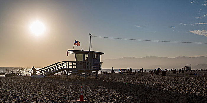 日落海滩,逆光,圣莫尼卡,洛杉矶,加利福尼亚,美国,北美