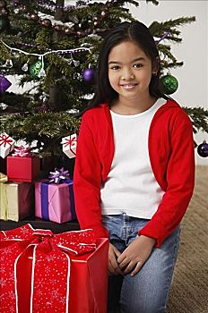 女孩,圣诞礼物,圣诞树,背景