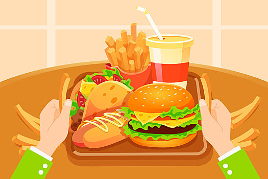 快餐外卖美食能量午餐薯条汉堡垃圾食品插画