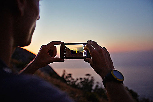 男人,摄影,日落,海景,拍照手机
