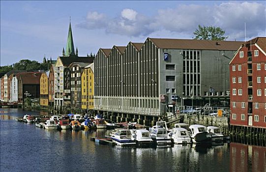 挪威,特隆赫姆,港口,船,建筑,教堂,背景