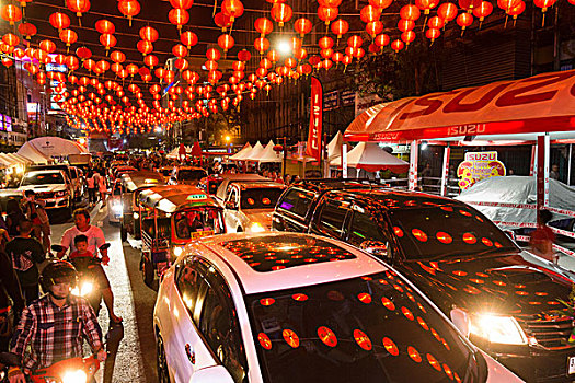 红色,灯笼,反射,汽车,春节,交通,道路,唐人街,地区,曼谷,泰国,亚洲