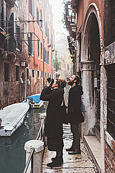 情侣,摄影,建筑,外部,运河,水岸,威尼斯,意大利