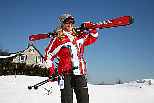 女青年,25岁,滑雪,肩部,靠近,山峦,图林根州,德国,欧洲