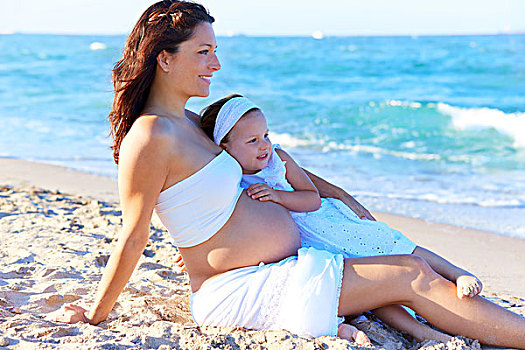 怀孕,母女,海滩,一起,搂抱