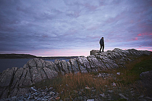 远足,岩石上,黄昏,福古岛,岛屿,纽芬兰,加拿大