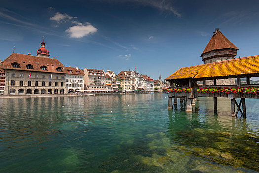 风景,老城,市政厅,小教堂,桥,木质,步行桥,河,城市,瑞士