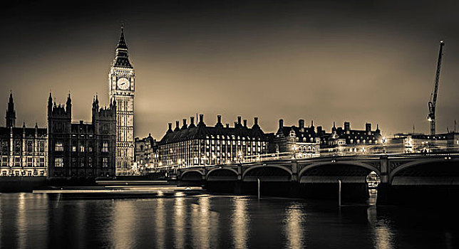 大本钟,议会大厦,光亮,夜晚,泰晤士河,威斯敏斯特桥,前景