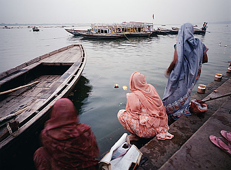 女人,岸边,恒河,河,瓦腊纳西,印度