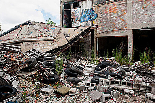 垃圾,碎石,堆,旁侧,废弃,建筑,底特律,密歇根,美国