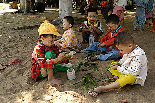 孩子,沙子,叶子,学校,教堂,北方,乡村,地区,缅甸