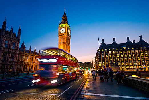 红色,双层巴士,正面,大本钟,黃昏,夜光,日落,议会大厦,威斯敏斯特桥,威斯敏斯特,伦敦,区域,英格兰,英国,欧洲