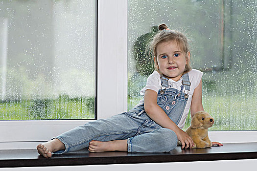头像,可爱,微笑,女孩,坐,毛绒玩具,窗台,在家