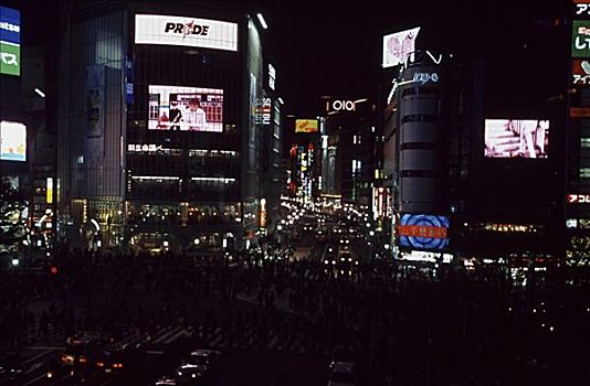 夜晚,城市,涩谷,东京,日本