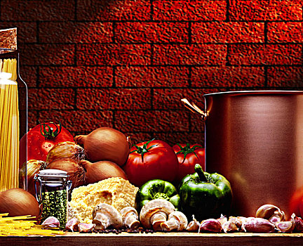 静物,蒜,蘑菇,洋葱,调味品,西红柿,碎干酪,青椒,意大利面,大,锅,砖墙,背景