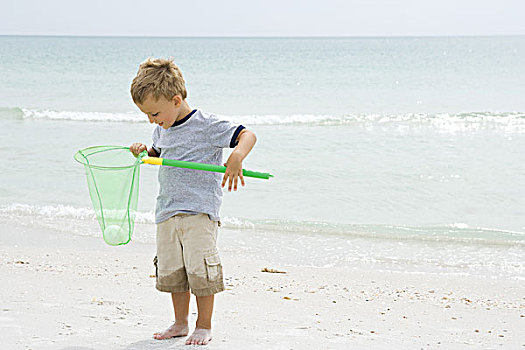 男孩,站立,海滩,拿着,球,网,俯视