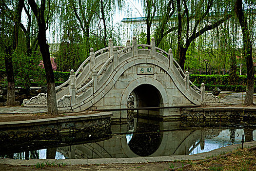 中国古典园林湖泊中的拱形桥和倒影