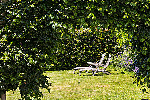 两个,木质,休闲椅,草坪,框架,灌木丛,卡黑-普鲁吉,布列塔尼半岛,法国