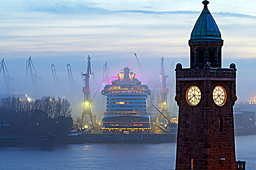 船,船只,游轮,班轮,码头,汉堡市,港口,河,模糊,晚间,亮光,船厂,德国,欧洲