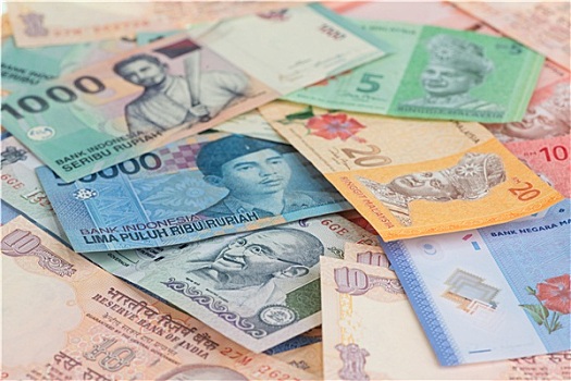 亚洲货币,特写,印度,印度尼西亚,马来西亚