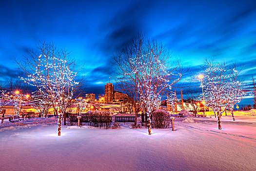 景色,黄昏,圣诞灯光,市区,风景,船,溪流,阿拉斯加,冬天