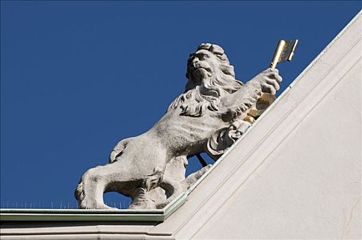 狮子,拿着,钥匙,山墙,建筑,历史,城镇中心,吕内堡,下萨克森,德国,欧洲