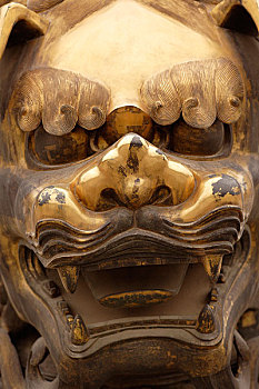 北京故宫的宫殿前的金属狮子特写