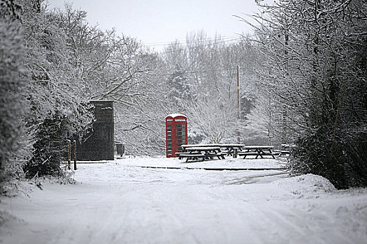 英格兰,剑桥郡,乡村,电话亭,雪中