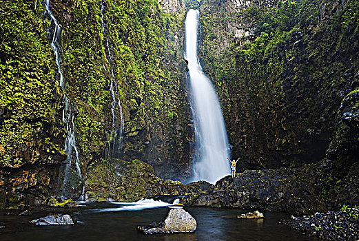 夏威夷,毛伊岛,女人,站立,瀑布
