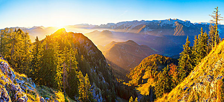 日出,俯视,萨尔茨卡莫古特,奥地利,欧洲