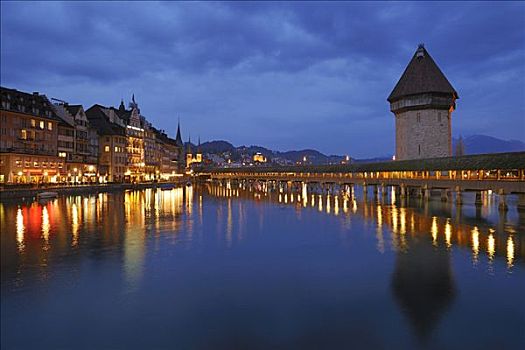 小教堂,桥,塔,黄昏,瑞士