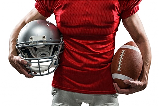 腹部,橄榄球员,红运动衫,拿着,头盔,球