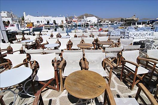 空椅子,餐馆,港口,帕罗斯岛,基克拉迪群岛,希腊,欧洲